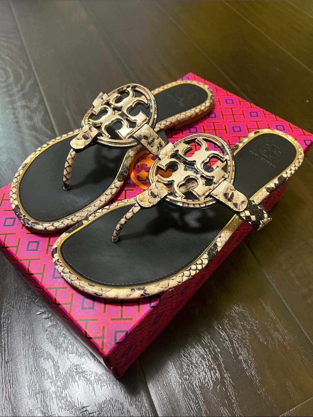 Tory Burch Metal Mille Snake Print Leather Sandals